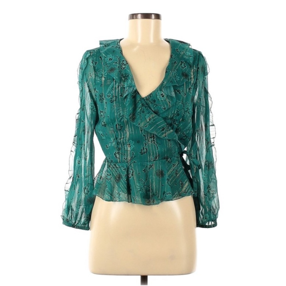 New CLEOBELLA teal wrap ruffled long sleeve blouse